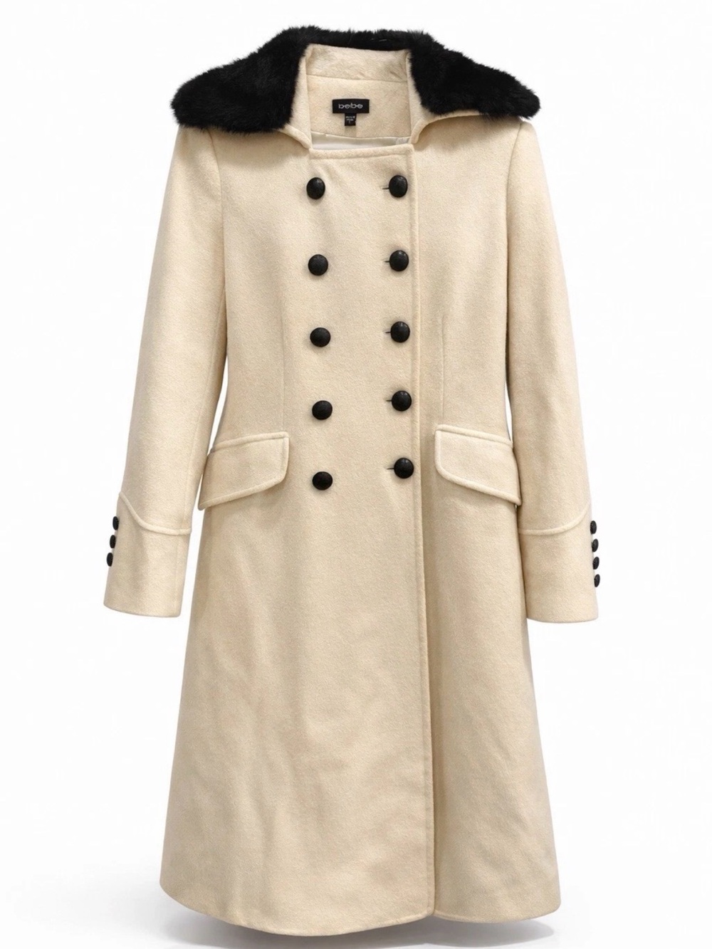 Y2K bebe Cream Wool Coat w/ Genuine Black Rabbit Fur Collar | Penny Lane Mobwife